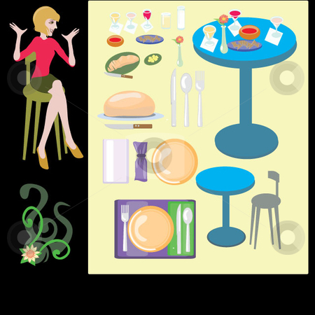 To use this stock image in your creative project, please select the size you need over to the right and click the "Add to Cart" button.
Your downloaded image will come with the Cutcaster watermark removed so don’t worry about the watermark you see on this page. TABLE SETTING stock vector clipart, Table setting, food, drink and various items are grouped with a woman happy to dine looking on, also included is a flower corner accent. by Maggie Bates