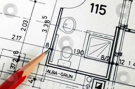 To use this stock image in your creative project, please select the size you need over to the right and click the "Add to Cart" button.
Your downloaded image will come with the Cutcaster watermark removed so don’t worry about the watermark you see on this page. Building plans stock photo, Close up detail of architect's plans for a house showing the layout of the bathroom. Architect's pencil, from bottom left, indicating a detail. by Alistair Scott