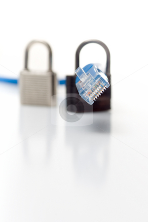 To use this stock image in your creative project, please select the size you need over to the right and click the "Add to Cart" button.
Your downloaded image will come with the Cutcaster watermark removed so don’t worry about the watermark you see on this page. Network Security Series stock photo, Network Cable end with 2 small key locks behind, reflection visible, isolated on white. by Kevin Woodrow