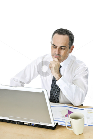 To use this stock image in your creative project, please select the size you need over to the right and click the "Add to Cart" button.
Your downloaded image will come with the Cutcaster watermark removed so don’t worry about the watermark you see on this page. Businessman at his desk on white background stock photo, Thoughtful businessman sitting at his desk isolated on white background by Elena Elisseeva