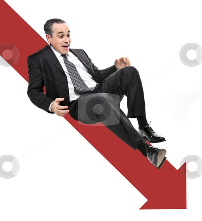 To use this stock image in your creative project, please select the size you need over to the right and click the "Add to Cart" button.
Your downloaded image will come with the Cutcaster watermark removed so don’t worry about the watermark you see on this page. Businessman sliding down red arrow stock photo, Businessman sliding down red arrow in financial crisis by Elena Elisseeva