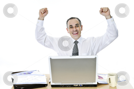 To use this stock image in your creative project, please select the size you need over to the right and click the "Add to Cart" button.
Your downloaded image will come with the Cutcaster watermark removed so don’t worry about the watermark you see on this page. Businessman at his desk on white background stock photo, Happy businessman raising his arms sitting at his desk isolated on white background by Elena Elisseeva