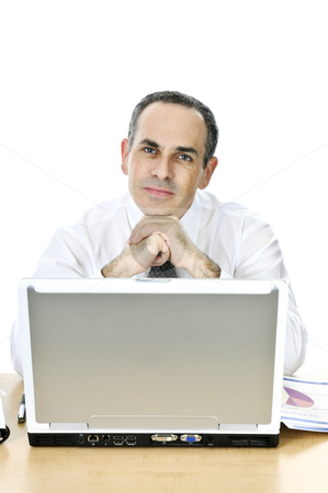 To use this stock image in your creative project, please select the size you need over to the right and click the "Add to Cart" button.
Your downloaded image will come with the Cutcaster watermark removed so don’t worry about the watermark you see on this page. Businessman at his desk on white background stock photo, Thoughtful businessman sitting at his desk isolated on white background by Elena Elisseeva