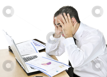 To use this stock image in your creative project, please select the size you need over to the right and click the "Add to Cart" button.
Your downloaded image will come with the Cutcaster watermark removed so don’t worry about the watermark you see on this page. Businessman at his desk on white background stock photo, Stressed businessman sitting at his desk isolated on white background by Elena Elisseeva