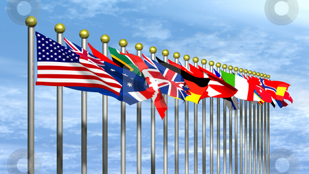 To use this stock image in your creative project, please select the size you need over to the right and click the "Add to Cart" button.
Your downloaded image will come with the Cutcaster watermark removed so don’t worry about the watermark you see on this page. World Flags with Blue Sky stock photo, World Flags with a Blue Sky Background by John Teeter