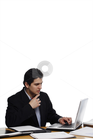 To use this stock image in your creative project, please select the size you need over to the right and click the "Add to Cart" button.
Your downloaded image will come with the Cutcaster watermark removed so don’t worry about the watermark you see on this page. Deep in Thought Businessman stock photo, Businessman, at a desk, deep in thought with his finger on his chin. Vertical isolated on white. by Orange Line Media