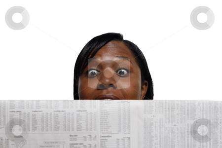 To use this stock image in your creative project, please select the size you need over to the right and click the "Add to Cart" button.
Your downloaded image will come with the Cutcaster watermark removed so don’t worry about the watermark you see on this page. Surprised Woman - Horizontal stock photo, Woman reading the newspaper with a very surprised look on her face by Orange Line Media
