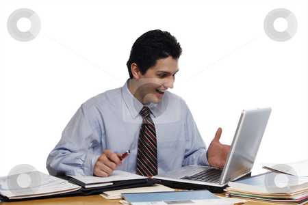 To use this stock image in your creative project, please select the size you need over to the right and click the "Add to Cart" button.
Your downloaded image will come with the Cutcaster watermark removed so don’t worry about the watermark you see on this page. Alright! stock photo, Young businessman looking overjoyed at his laptop computer. Shot horizontal isolated on white. by Orange Line Media
