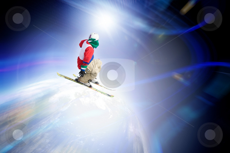 To use this stock image in your creative project, please select the size you need over to the right and click the "Add to Cart" button.
Your downloaded image will come with the Cutcaster watermark removed so don’t worry about the watermark you see on this page. Ski Jumper stock photo, Abstract skier catching some major air flying through outer space. by Todd Arena