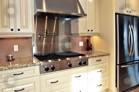 To use this stock image in your creative project, please select the size you need over to the right and click the "Add to Cart" button.
Your downloaded image will come with the Cutcaster watermark removed so don’t worry about the watermark you see on this page. Kitchen interior stock photo, Interior of modern luxury kitchen with stainless steel appliances by Elena Elisseeva