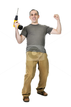 To use this stock image in your creative project, please select the size you need over to the right and click the "Add to Cart" button.
Your downloaded image will come with the Cutcaster watermark removed so don’t worry about the watermark you see on this page. Handyman with a drill stock photo, Happy handyman raising his drill in victory by Elena Elisseeva