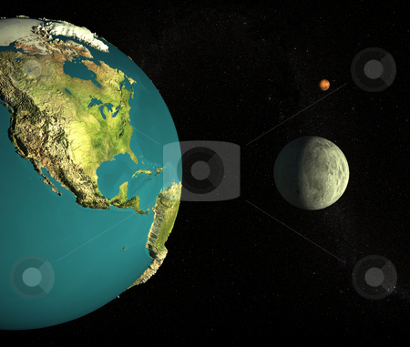 To use this stock image in your creative project, please select the size you need over to the right and click the "Add to Cart" button.
Your downloaded image will come with the Cutcaster watermark removed so don’t worry about the watermark you see on this page. Home stock photo, Mother Earth, the Moon and Mars in the background. 3d rendered with Nasa-maps by Magnus Johansson