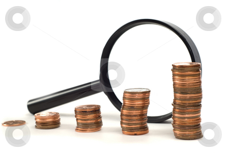 To use this stock image in your creative project, please select the size you need over to the right and click the "Add to Cart" button.
Your downloaded image will come with the Cutcaster watermark removed so don’t worry about the watermark you see on this page. Looking At Money stock photo, A magnifying glass and stacks of pennies shot against a white background by Richard Nelson