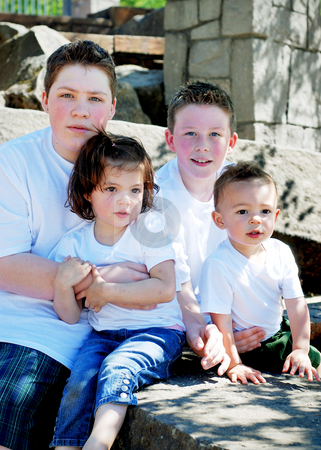 To use this stock image in your creative project, please select the size you need over to the right and click the "Add to Cart" button.
Your downloaded image will come with the Cutcaster watermark removed so don’t worry about the watermark you see on this page. Brothers and Sisters stock photo, Four children sitting together in the park on a sunny day. Vertically framed shot. by Orange Line Media