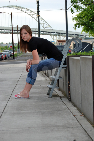 To use this stock image in your creative project, please select the size you need over to the right and click the "Add to Cart" button.
Your downloaded image will come with the Cutcaster watermark removed so don’t worry about the watermark you see on this page. Teen Sitting on Stairs - Vertical stock photo, Vertically framed outdoor shot of a teenage girl sitting on stairs. by Orange Line Media