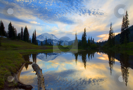 To use this stock image in your creative project, please select the size you need over to the right and click the "Add to Cart" button.
Your downloaded image will come with the Cutcaster watermark removed so don’t worry about the watermark you see on this page. Rainier Cloud Explosion stock photo, Mt. Rainier reflects in the still waters of a small alpine lake at sunset. by Mike Dawson