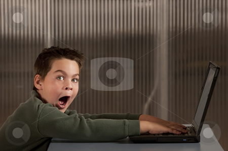 To use this stock image in your creative project, please select the size you need over to the right and click the "Add to Cart" button.
Your downloaded image will come with the Cutcaster watermark removed so don’t worry about the watermark you see on this page. Shocked boy with a laptop computer stock photo, Shocked young boy reacting to info on a laptop computer by Scott Griessel