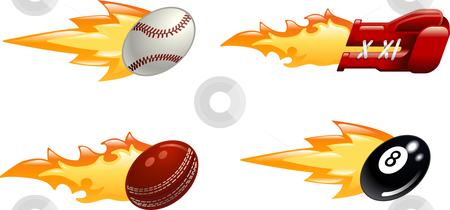 To use this stock image in your creative project, please select the size you need over to the right and click the "Add to Cart" button.
Your downloaded image will come with the Cutcaster watermark removed so don’t worry about the watermark you see on this page. Glossy flaming sport icons stock vector clipart, A glossy shiny flaming sport icon set. Baseball ball, boxing glove, cricket ball and black pool eight ball flying fast through the air with flames and fire shooting out the back by Christos Georghiou