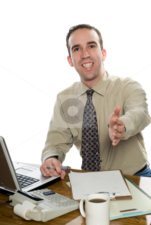 To use this stock image in your creative project, please select the size you need over to the right and click the "Add to Cart" button.
Your downloaded image will come with the Cutcaster watermark removed so don’t worry about the watermark you see on this page. Businessman Shaking Hand stock photo, A smiling young businessman is offering his hand for a shake, isolated against a white background by Richard Nelson