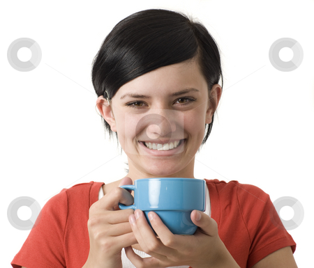 To use this stock image in your creative project, please select the size you need over to the right and click the "Add to Cart" button.
Your downloaded image will come with the Cutcaster watermark removed so don’t worry about the watermark you see on this page. Girl with cup smiles stock photo, A girl in a red shirt holds a blue cup and smiles by Rick Becker-Leckrone
