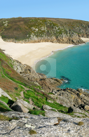 To use this stock image in your creative project, please select the size you need over to the right and click the "Add to Cart" button.
Your downloaded image will come with the Cutcaster watermark removed so don’t worry about the watermark you see on this page. Scenic view from the cliffs above Porthcurno beach, Cornwall UK. stock photo, Scenic view from the cliffs above Porthcurno beach, Cornwall UK. by Stephen Rees