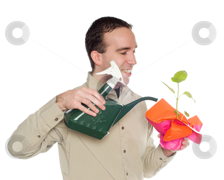 To use this stock image in your creative project, please select the size you need over to the right and click the "Add to Cart" button.
Your downloaded image will come with the Cutcaster watermark removed so don’t worry about the watermark you see on this page. Green Thumb stock photo, A man with a green thumb is watering his plant, isolated against a white background by Richard Nelson