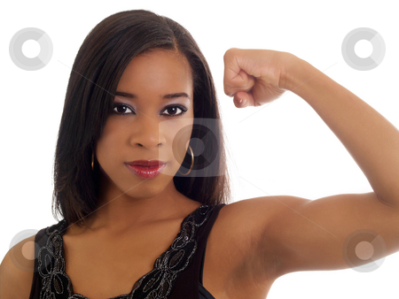 To use this stock image in your creative project, please select the size you need over to the right and click the "Add to Cart" button.
Your downloaded image will come with the Cutcaster watermark removed so don’t worry about the watermark you see on this page. Young black woman showing toned biceps portrait stock photo, Portrait of black woman showing strong left arm by Jeff Cleveland