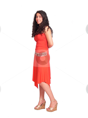 To use this stock image in your creative project, please select the size you need over to the right and click the "Add to Cart" button.
Your downloaded image will come with the Cutcaster watermark removed so don’t worry about the watermark you see on this page. Young pretty girl stock photo, A beautiful young girl with long dark hair and an red dress is posing
on white background. by Horst Petzold