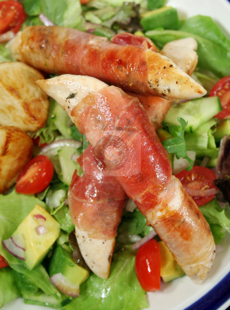 To use this stock image in your creative project, please select the size you need over to the right and click the "Add to Cart" button.
Your downloaded image will come with the Cutcaster watermark removed so don’t worry about the watermark you see on this page. Prosciutto Tenderloins stock photo, Chicken tenderloins wrapped in prosciutto with oven roasted chat potatoes and a garden salad. by Brett Mulcahy