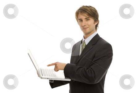 To use this stock image in your creative project, please select the size you need over to the right and click the "Add to Cart" button.
Your downloaded image will come with the Cutcaster watermark removed so don’t worry about the watermark you see on this page. Businessman points to laptop stock photo, Businessman holds a laptop and points to the screen by Rick Becker-Leckrone