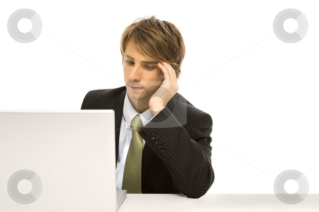 To use this stock image in your creative project, please select the size you need over to the right and click the "Add to Cart" button.
Your downloaded image will come with the Cutcaster watermark removed so don’t worry about the watermark you see on this page. Businessman with laptop stock photo, Businessman uses a laptop with frustration by Rick Becker-Leckrone
