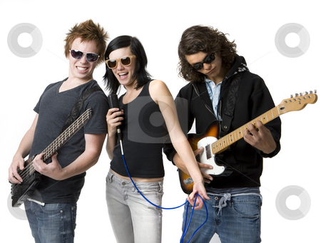 To use this stock image in your creative project, please select the size you need over to the right and click the "Add to Cart" button.
Your downloaded image will come with the Cutcaster watermark removed so don’t worry about the watermark you see on this page. Three bandmates rock out stock photo, Three bandmates sing and play guitar by Rick Becker-Leckrone