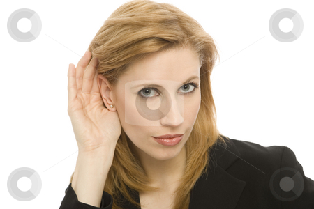 To use this stock image in your creative project, please select the size you need over to the right and click the "Add to Cart" button.
Your downloaded image will come with the Cutcaster watermark removed so don’t worry about the watermark you see on this page. Businesswoman gestures hearing stock photo, Businesswoman gestures as she tries to listen by Rick Becker-Leckrone