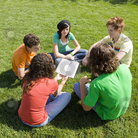 To use this stock image in your creative project, please select the size you need over to the right and click the "Add to Cart" button.
Your downloaded image will come with the Cutcaster watermark removed so don’t worry about the watermark you see on this page. Five teens with bible stock photo, Five teens hang out in a park and share a bible by Rick Becker-Leckrone