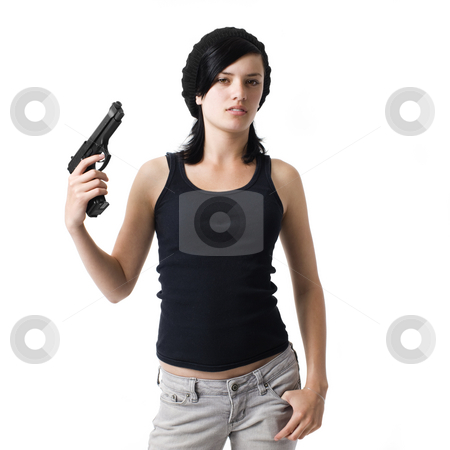 To use this stock image in your creative project, please select the size you need over to the right and click the "Add to Cart" button.
Your downloaded image will come with the Cutcaster watermark removed so don’t worry about the watermark you see on this page. Girl with gun stock photo, Girl with gun grimmaces and gestures by Rick Becker-Leckrone