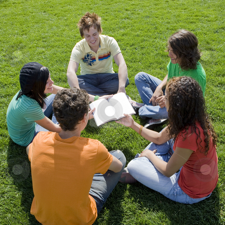 To use this stock image in your creative project, please select the size you need over to the right and click the "Add to Cart" button.
Your downloaded image will come with the Cutcaster watermark removed so don’t worry about the watermark you see on this page. Five teens with bible stock photo, Five teens hang out in a park and share a bible by Rick Becker-Leckrone