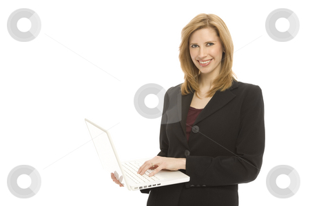 To use this stock image in your creative project, please select the size you need over to the right and click the "Add to Cart" button.
Your downloaded image will come with the Cutcaster watermark removed so don’t worry about the watermark you see on this page. Businesswoman with laptop stock photo, A businesswoman in a suit holds up a laptop by Rick Becker-Leckrone