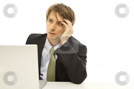To use this stock image in your creative project, please select the size you need over to the right and click the "Add to Cart" button.
Your downloaded image will come with the Cutcaster watermark removed so don’t worry about the watermark you see on this page. Businessman with laptop stock photo, Businessman uses a laptop with frustration by Rick Becker-Leckrone