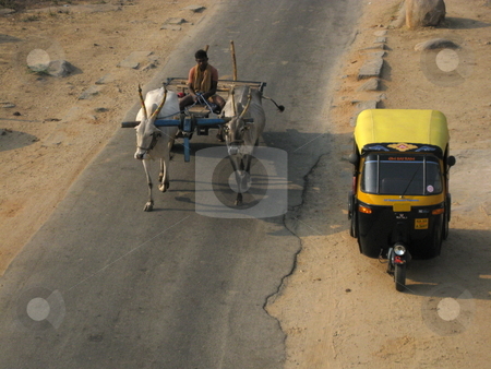 To use this stock image in your creative project, please select the size you need over to the right and click the "Add to Cart" button.
Your downloaded image will come with the Cutcaster watermark removed so don’t worry about the watermark you see on this page. Auto and Cow Cart stock photo, An auto rickshaw next to a buffalo drawn cart, India. by Colin Elves