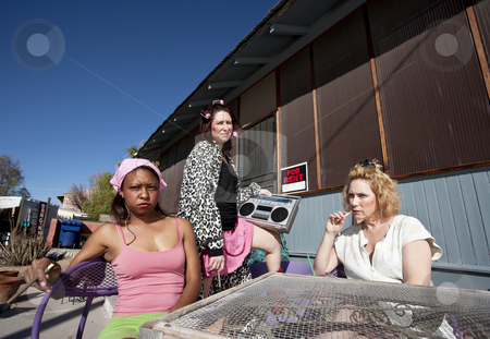 To use this stock image in your creative project, please select the size you need over to the right and click the "Add to Cart" button.
Your downloaded image will come with the Cutcaster watermark removed so don’t worry about the watermark you see on this page. Three Trashy Women stock photo, Portrait of three trashy women outdoors by Scott Griessel