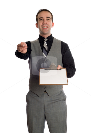 To use this stock image in your creative project, please select the size you need over to the right and click the "Add to Cart" button.
Your downloaded image will come with the Cutcaster watermark removed so don’t worry about the watermark you see on this page. Businessman With Clipboard stock photo, A young businessman holding a clipboard with a blank sheet of white paper, isolated against a white background by Richard Nelson