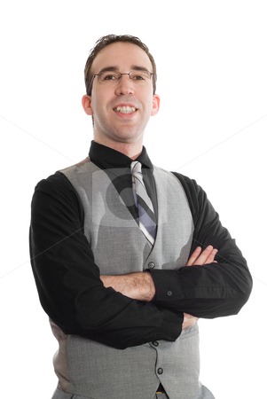 To use this stock image in your creative project, please select the size you need over to the right and click the "Add to Cart" button.
Your downloaded image will come with the Cutcaster watermark removed so don’t worry about the watermark you see on this page. Isolated Businessman stock photo, An isolated businessman wearing a pair of glasses and a vest by Richard Nelson