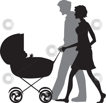 To use this stock image in your creative project, please select the size you need over to the right and click the "Add to Cart" button.
Your downloaded image will come with the Cutcaster watermark removed so don’t worry about the watermark you see on this page. Family stock vector clipart, Silhouette of a family walking with a baby stroller by Vanda Grigorovic