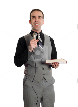 To use this stock image in your creative project, please select the size you need over to the right and click the "Add to Cart" button.
Your downloaded image will come with the Cutcaster watermark removed so don’t worry about the watermark you see on this page. Smiling Preacher stock photo, A smiling young preacher holding a microphone and a bible, isolated against a white background by Richard Nelson