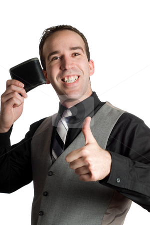 To use this stock image in your creative project, please select the size you need over to the right and click the "Add to Cart" button.
Your downloaded image will come with the Cutcaster watermark removed so don’t worry about the watermark you see on this page. Successful Businessman stock photo, A successful businessman holding his wallet and giving a thumbs up, isolated against a white background by Richard Nelson