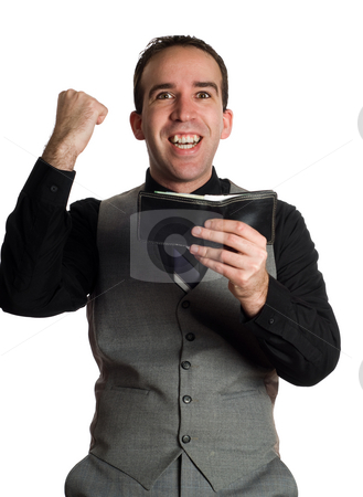 To use this stock image in your creative project, please select the size you need over to the right and click the "Add to Cart" button.
Your downloaded image will come with the Cutcaster watermark removed so don’t worry about the watermark you see on this page. Employee Bonus stock photo, An employee smiling and holding his wallet with excitement at getting a monetary bonus by Richard Nelson