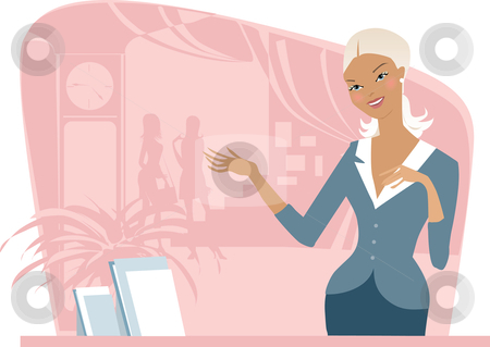 To use this stock image in your creative project, please select the size you need over to the right and click the "Add to Cart" button.
Your downloaded image will come with the Cutcaster watermark removed so don’t worry about the watermark you see on this page. Hotel reception stock vector clipart, Hotel receptionist at her work place by Vanda Grigorovic