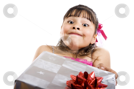 To use this stock image in your creative project, please select the size you need over to the right and click the "Add to Cart" button.
Your downloaded image will come with the Cutcaster watermark removed so don’t worry about the watermark you see on this page. I don't know what it is... stock photo, Studio shot of endearing girl with gift wearing fancy dress - Isolated on white by iodrakon