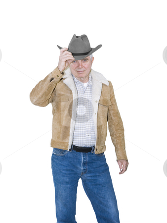 To use this stock image in your creative project, please select the size you need over to the right and click the "Add to Cart" button.
Your downloaded image will come with the Cutcaster watermark removed so don’t worry about the watermark you see on this page. Senior Cowboy Tipping Hat stock photo, Senior Cowboy Tipping Hat on a White Background by John Teeter