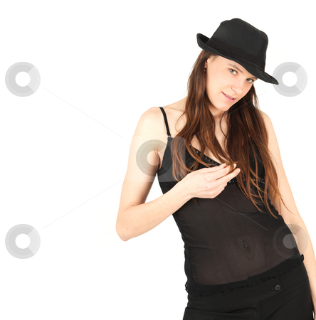 To use this stock image in your creative project, please select the size you need over to the right and click the "Add to Cart" button.
Your downloaded image will come with the Cutcaster watermark removed so don’t worry about the watermark you see on this page. Provocative girl stock photo, Tempting look by pretty girl in black lingerie and hat with copy space by Tom P.